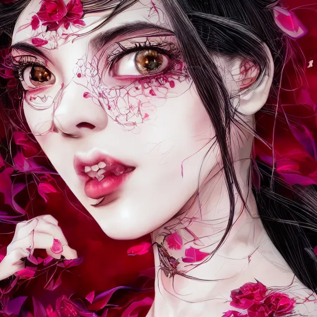 Image similar to studio portrait absurdly beautiful, elegant, graceful, young hypercolorful sensual anime gravure idol rubies and red petals, ultrafine hyperrealistic detailed face illustration by kim jung gi, irakli nadar, intricate linework, sharp focus, bright colors, matte, octopath traveler, final fantasy, unreal engine highly rendered, global illumination, radiant light, intricate environment