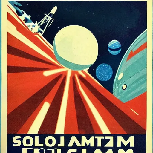 Image similar to soviet propaganda poster of colonization of the solar system