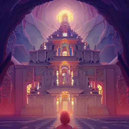 Prompt: beautiful Ameca temple of demon's, intricate, elegant, highly detailed, digital painting, artstation, concept art, smooth, sharp focus, illustration, art by artgerm and James jean and Beeple and loish and WLOP