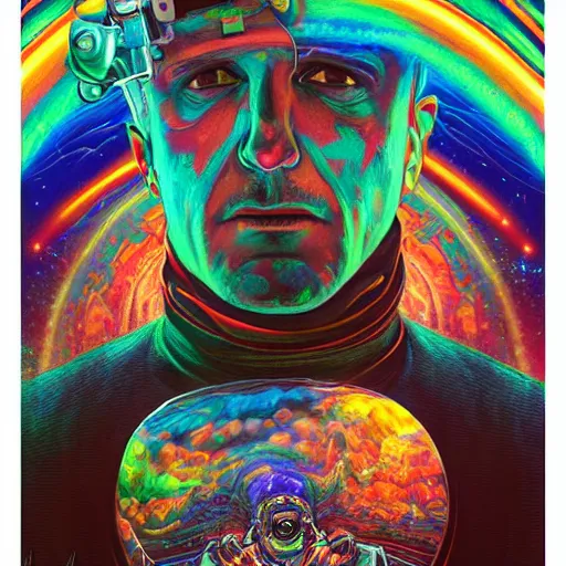 Image similar to Dominic Purcell an extremely psychedelic experience, colorful, surreal, dramatic lighting, cosmonaut, LSD, face, detailed, intricate, elegant, highly detailed, digital painting, artstation, concept art, smooth, sharp focus, illustration, art by Sam Spratt, Dan Mumford, Artem Demura and Alphonse Mucha