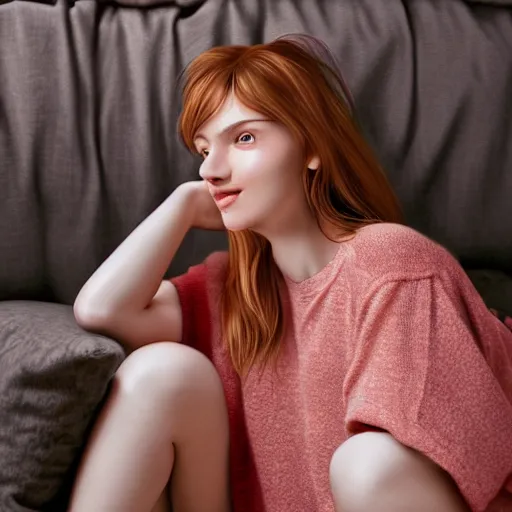 Prompt: portrait of a cute thin young woman, red blush, cute freckles wearing casual clothes, small smile, relaxing on a couch, cozy living room, close up shot, 8 k, art by irakli nadar, hyperrealism, hyperdetailed, ultra realistic