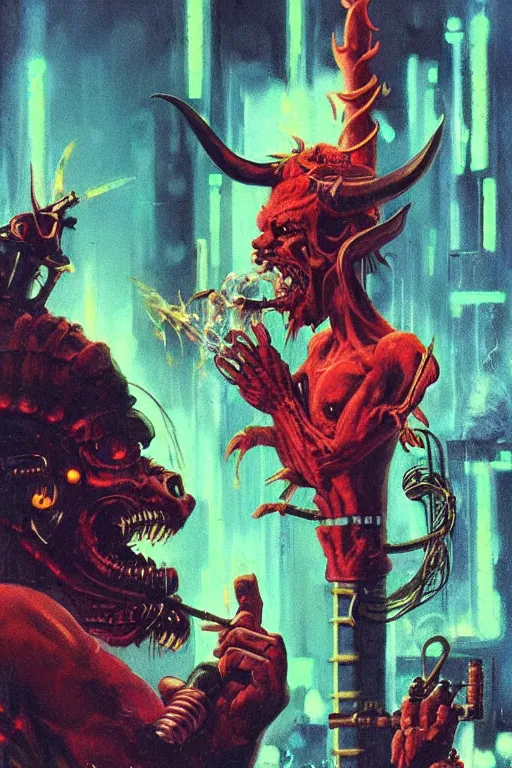 Image similar to An anthropomorphic demon smoking a cigar in a cyberpunk setting, by Frank Frazetta, 1980s synthwave color palette, Trending on Artstation, highly detailed,