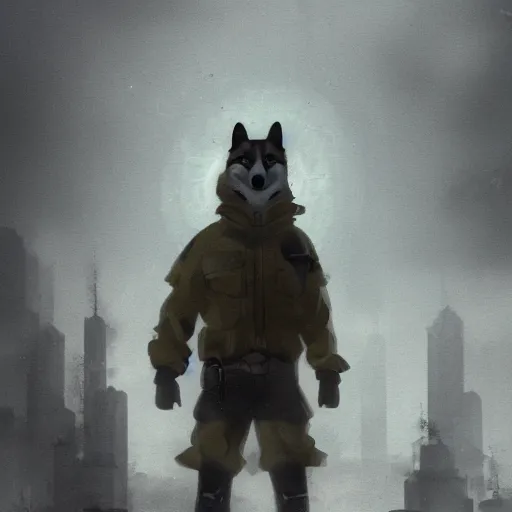 Prompt: postapocalyptic foggy moody cinematic stil portrait of anthropomorphic anthro shiba inu wearing soldier helmet gear , 4k trending on artstation by rutkowski