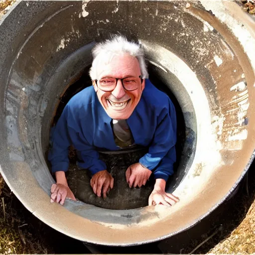 Prompt: a smiling old man in a sewage pipe