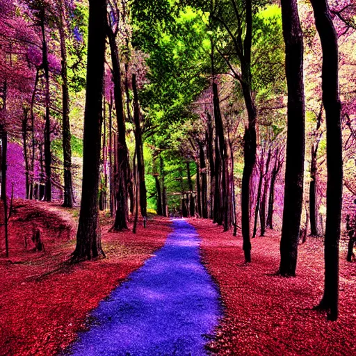Prompt: infra-red, color, photography, forest, purple, blue, yellow, filtered, dappled, path, quaint, calming