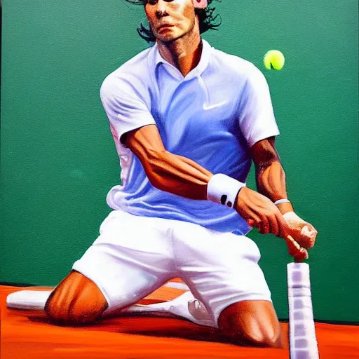 Prompt: a photo of a painting of tennis player nadal on a table