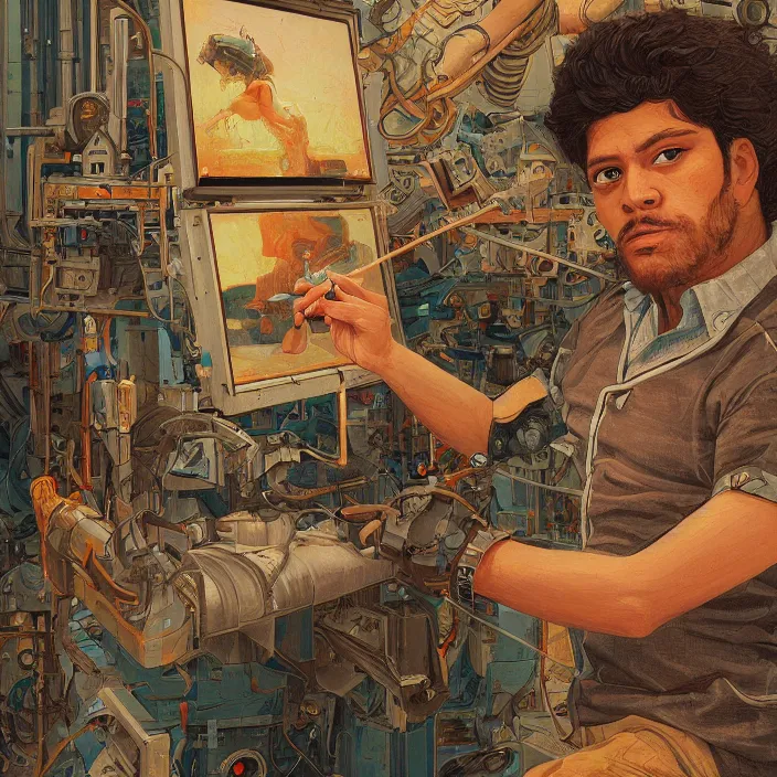 Image similar to robot artist painting a self - portrait on a canvas. intricate, highly detailed, digital matte painting, in the style of alexandros pyromallis, and in the style of sachin teng, and in the style of hans thoma, and in the style of william andrew loomis. irony, recursion, inspiration.