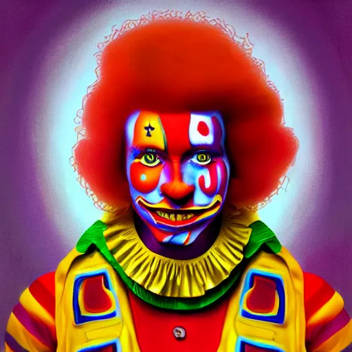 Image similar to An extremely psychedelic portrait of Ronald McDonald, surreal, LSD, face, detailed, intricate, elegant, lithe, highly detailed, digital painting, artstation, concept art, smooth, sharp focus, illustration