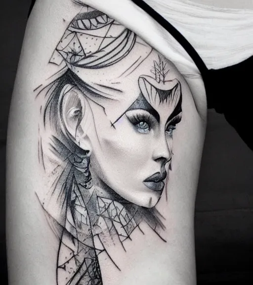 Image similar to tattoo design sketch of a beautiful blue - eyed woman face with a faded background of beautiful mountains and nature on her side, hyper - realistic, in the style of den yakovlev, amazing detail, black and white