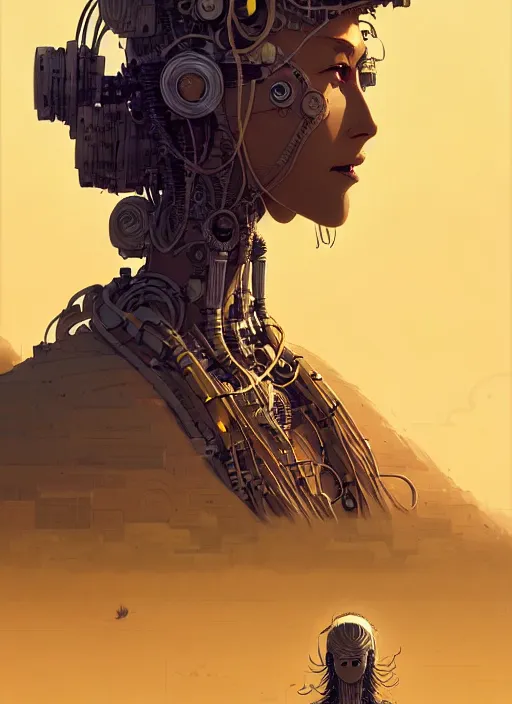 Image similar to highly detailed portrait of a robotoc cyborg long curly white hair nomadic tribal lady, stray wiring by atey ghailan, james gilleard, by joe fenton, by greg rutkowski, by greg tocchini, by kaethe butcher, 4 k resolution, gradient yellow, black and white color scheme!!! ( ( sandstorm robotic pyramid landscape background ) )