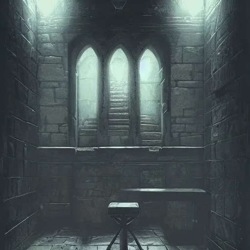 Image similar to dungeon chair, moody atmospheric, prison dungeon, oppressive colors, dark, damp, dungeon corridor, artstation award, magic the gathering