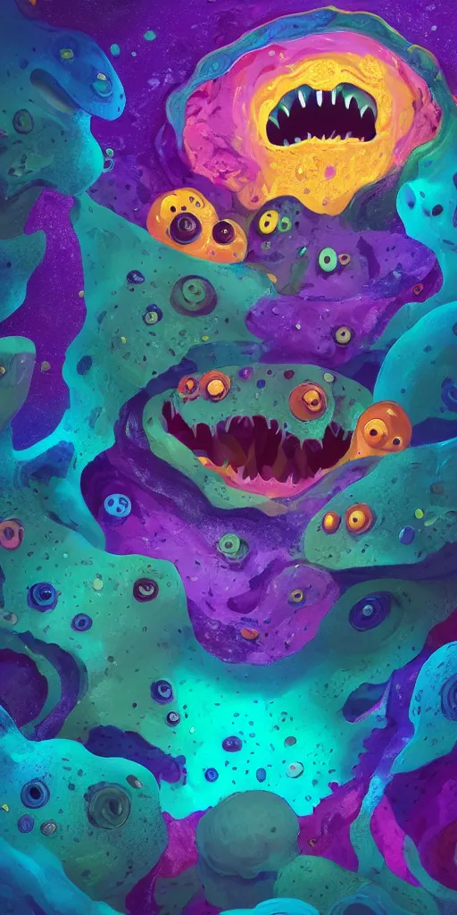 Image similar to of a colorful deep sea crater with strange cute blobby happy creatures with huge eyes, mouth, long tongue and round teeth appearing from smokey background, in the style of gehry and gaudi, macro lens, shallow depth of field, ultra detailed, digital painting, trending artstation, concept art, illustration, cinematic lighting, photorealism, epic, octane render