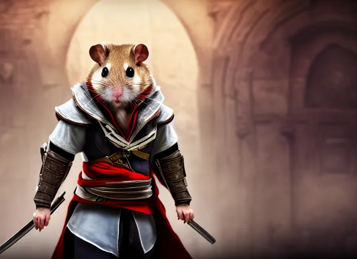 Prompt: hamster in assassins creed uniform. fantasy magic style. highly detailed 8 k. intricate. lifelike. soft light. sony a 7 r iv 5 5 mm. cinematic post - processing.