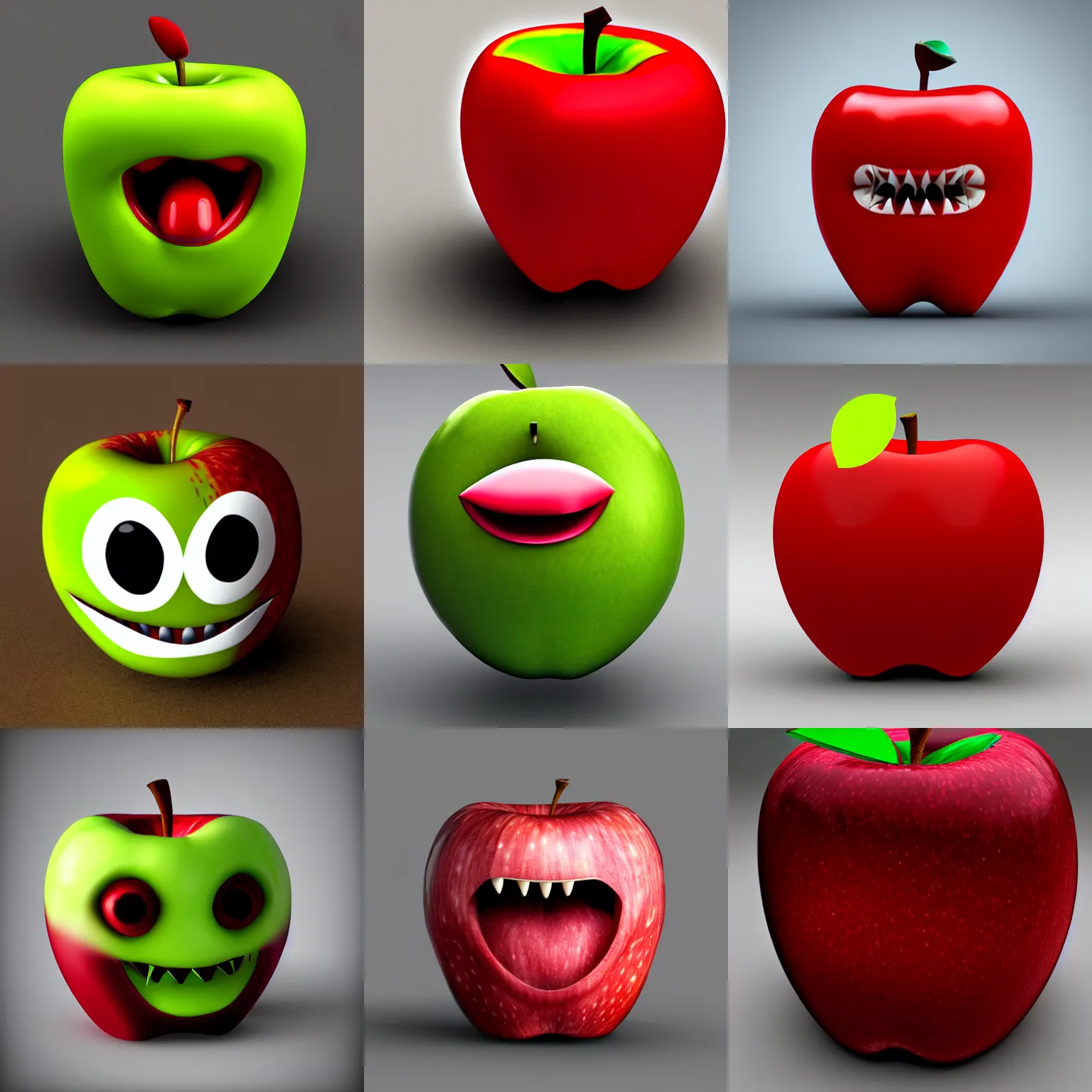 Prompt: sharp focus, photorealistic apple with a mouth and sharp teeth