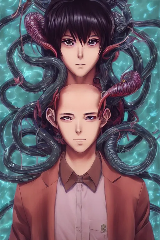 Prompt: portrait of an anime manga guy with hair order snakes, straight on, by artgerm, james jean, tom bagshaw, gerald brom, vaporwave colors, lofi colors, vaporwave, lofi, goth vibe, 4 k, smooth, hd, substance designer render, full body character concept art, symmetrical, 2 point lighting,