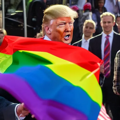 Image similar to Donald Trump wearing a dress and holding a pride flag