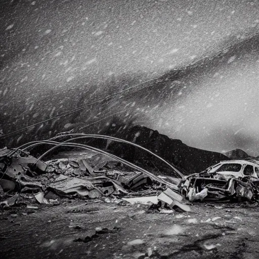 Prompt: dark smoking crash wreckage in far distance in deep canyon in Antarctica, overcast, snow plains, single light source, overhead light, wires, dark, gloomy, cinematic, vray, wreckage, dirty, overhead light, soft light, dark