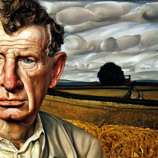 Prompt: high quality high detail painting by lucian freud, hd, farmer looking at the distance with despair, photorealistic lighting