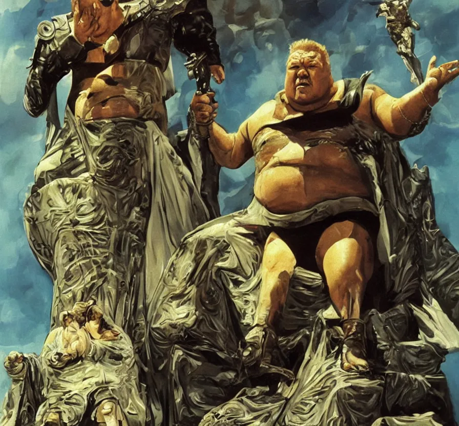 Image similar to ray winstone as baron harkonnen sitting on throne in dystopian science fiction hall in 1982 movie dune, by boris vallejo