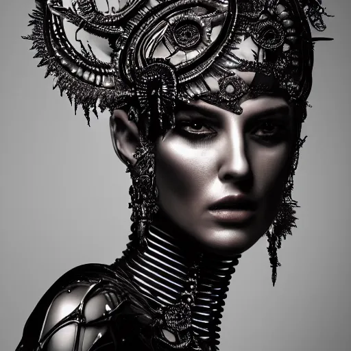 Prompt: a female model by stefan geselle and nekro borja, photorealistic, biomechanical, crystals, intricate details, hyper realistic, ornate headpiece, dark beauty, photorealistic, canon r 3, photography, wide shot, photography, dark beauty, symmetrical features