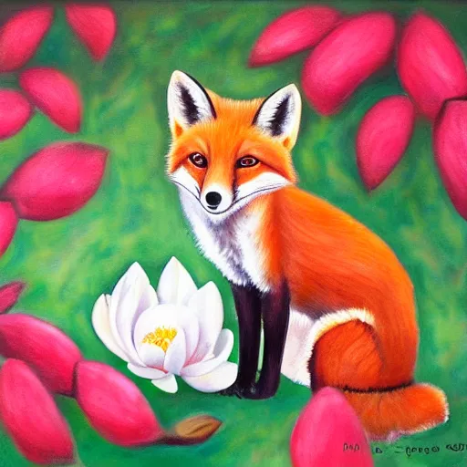 Image similar to cute small red fox in the middle of a white magnolia forest, wide shot, fantasy, oil on canvas