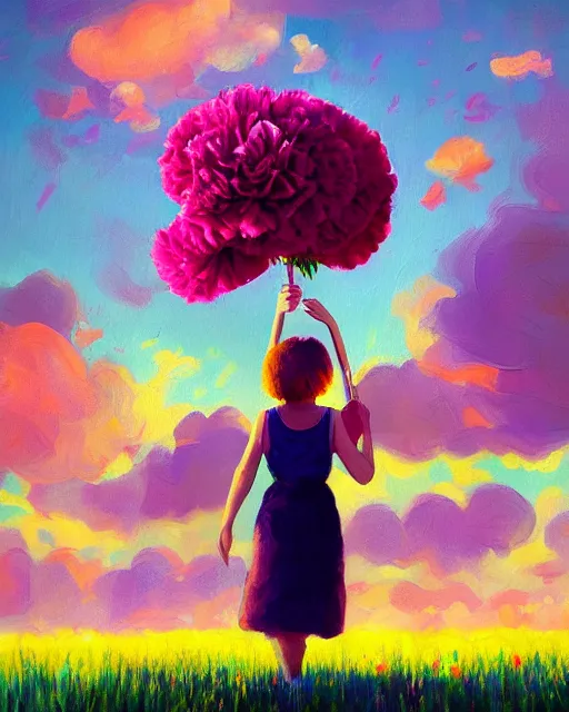 Image similar to girl with a giant carnation head, surreal photography, flower field, sunset dramatic light, impressionist painting, colorful clouds, blue sky, digital painting, artstation, simon stalenhag