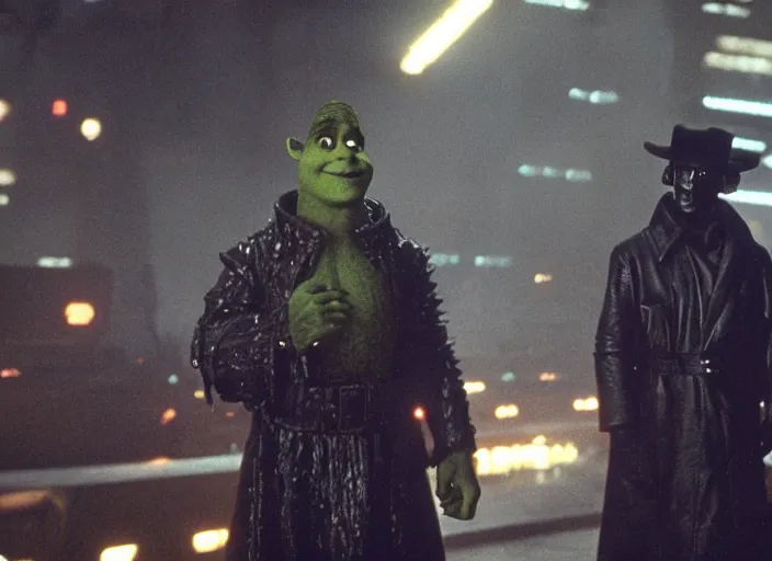 Image similar to film still shrek wearing leather coat as a detective in blade runner, 8 k