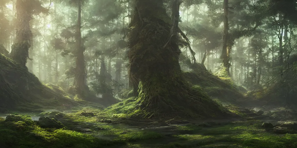 Prompt: a forest, highly detailed oil painting, hyperrealism, volumetric lighting, Studio Ghibli, Jessica Rossier, digital art, octane render, beautiful composition, trending on artstation, masterpiece