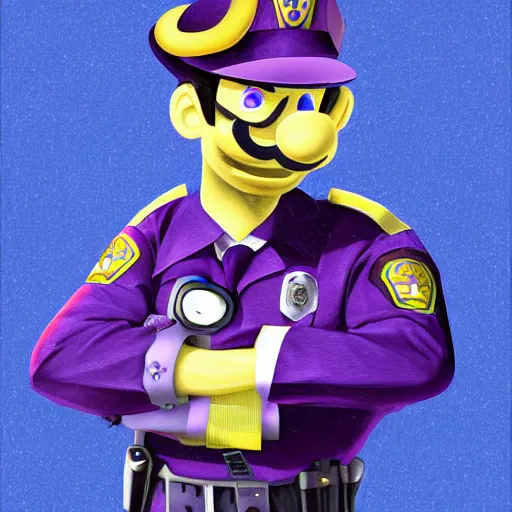 Prompt: Waluigi as a police officer pulling you over during the rain storm. Digital Art, Wario-cop partner is staring at you, sinister lighting