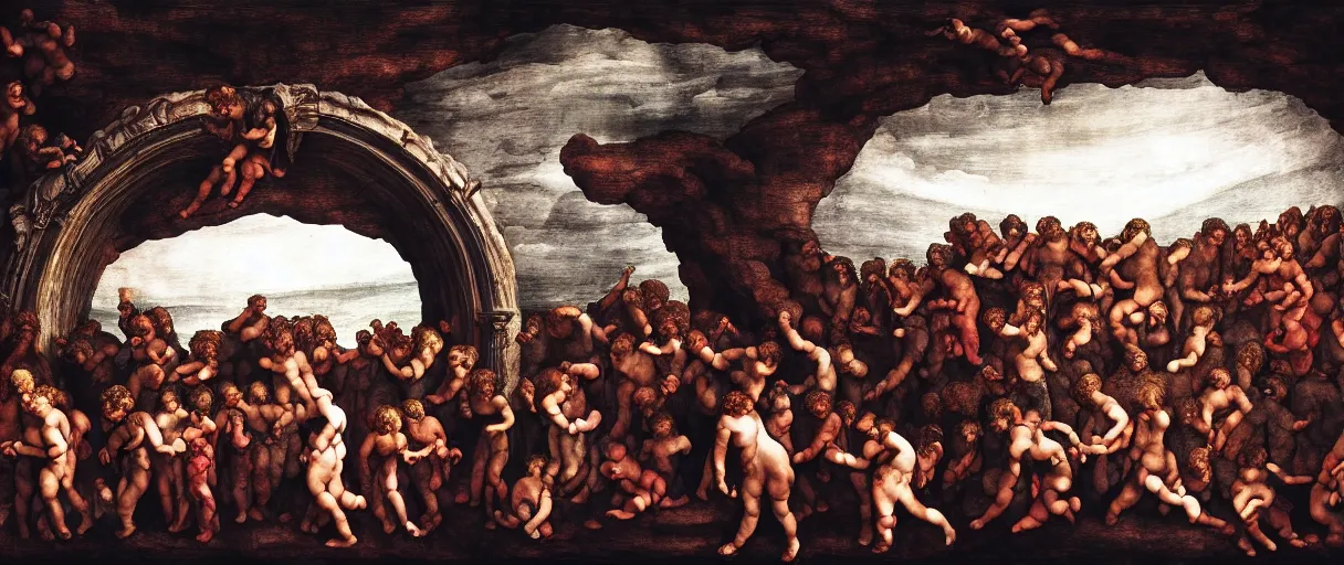 Image similar to alvah angelrune water portal to hell located in heaven, photorealistic, crowd of people, rule of thirds, 4 k, dark bright effect, michelangelo