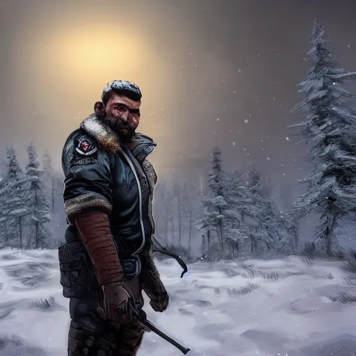 Image similar to A comic book style portrait painting of a male sheriff in a a post apocalyptic winter landscape, unreal 5, DAZ, hyperrealistic, octane render, RPG portrait, ambient light, dynamic lighting