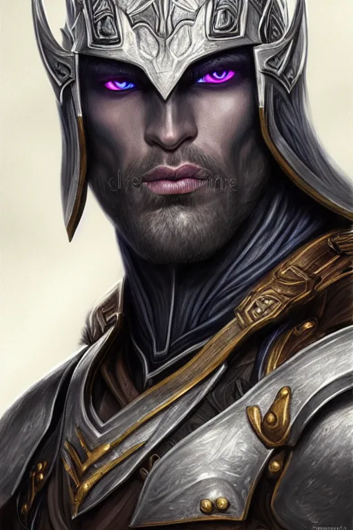 Image similar to head and shoulders portrait of an eldrich knight, drow, dark elf, shadar kai, breastplate, magical, male, high fantasy, d & d, by magali villeneuve, face details, extremely detailed, digital illustration