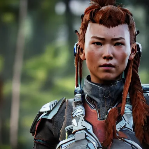 Image similar to aloy from hzd but cyborg, very detailed 8k