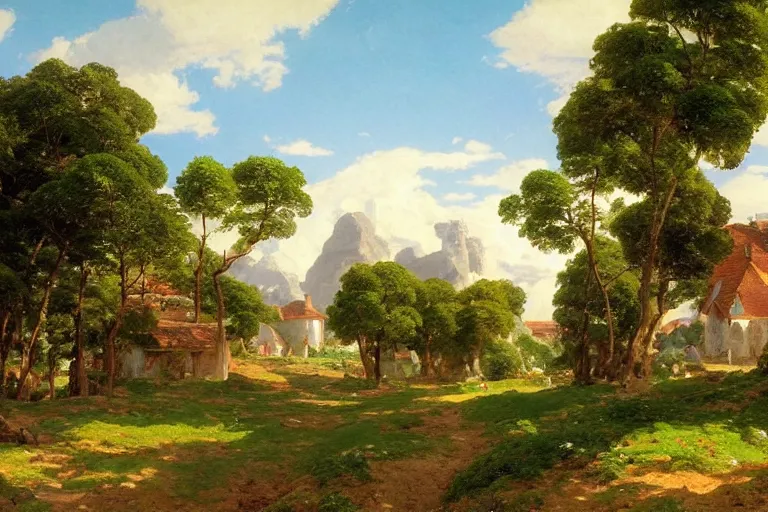 Prompt: a beautiful landscape of a tiny futuristic village in the french countryside during spring season, painting by studio ghibli backgrounds and frederic edwin church hd and louis remy mignot hd, nice spring afternoon lighting, smooth tiny details, soft and clear shadows, low contrast, perfect