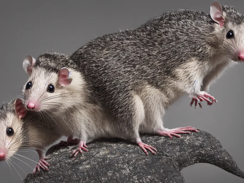 Prompt: “photorealistic 4k opossum carting degus on its back”