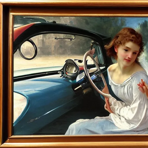 Prompt: an oil painting of an angel driving a 1950s car ordering in drive through, interior view, by Bouguereau, highly realistic and intricate