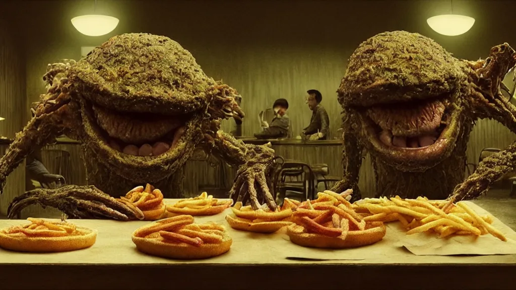 Prompt: the strange creature at the fast food place, made of oil they scare my family, film still from the movie directed by denis villeneuve and david cronenberg with art direction by salvador dali and zdzisław beksinski, extreme wide shot