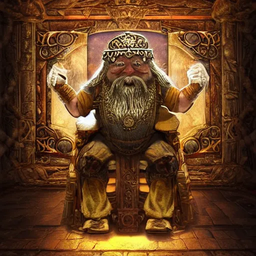Prompt: a dwarven king he was sitting on a throne in a kingdom, in many - pillared halls of stone, with golden roof and silver floor, and runes of power upon the door, the light of sun and star and moon in shining lamps of crystal hewn, fantasy, intricate detail, advanced digital art