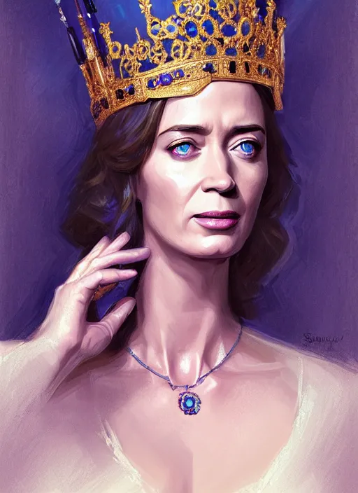 Image similar to portrait of emily blunt as queen, jewelry, greek, sapphire, victorian age, 1 8 9 0, intricate, headshot, key visual, conceptart, ambient lighting, highly detailed, digital painting, artstation, concept art, sharp focus, by makoto shinkai and akihiko yoshida and greg manchess