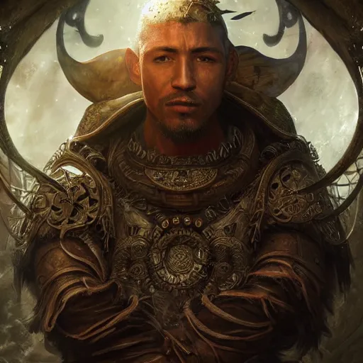 Image similar to HDR, realistic, high depth of field portrait of beautiful athletic male human latino short-haired sun cleric druid shaman with firefox pet, flame conjuring armored, highly detailed, moody face expression, intricate image by Andrei Riabovitchev, Shaun Tan and Peter Mohrbacher, matte painting