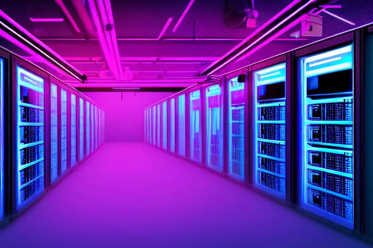 Prompt: realistic robot in a data server room, computers, neon and dark, purple and blue color scheme, by dan mumford, kirokaze and valenberg