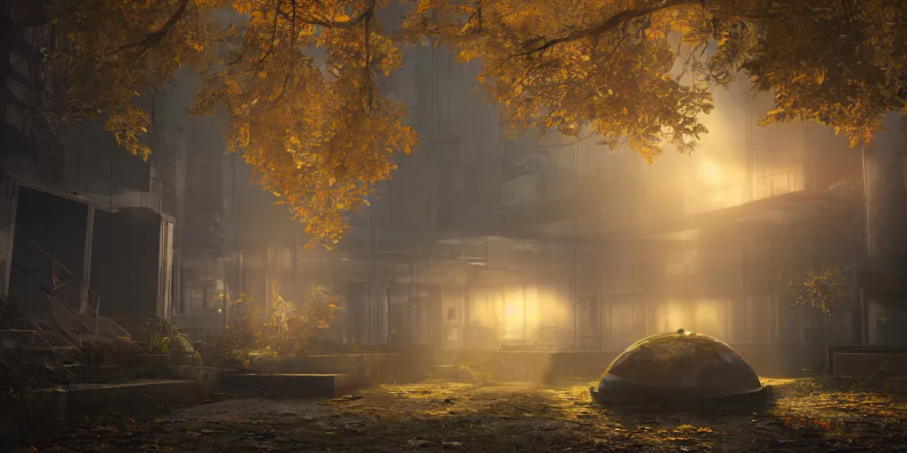 Image similar to A yellow baby rabbit, cyberpunk temple, sunset with falling leaves, Tyndall rays, low angle, light through the mist, dramatic lighting, photorealistic, cinematic lighting, high detail, cinematic feel, high octane, 4K, Unreal Engine, digital render, intricate, ultra realistic, concept art