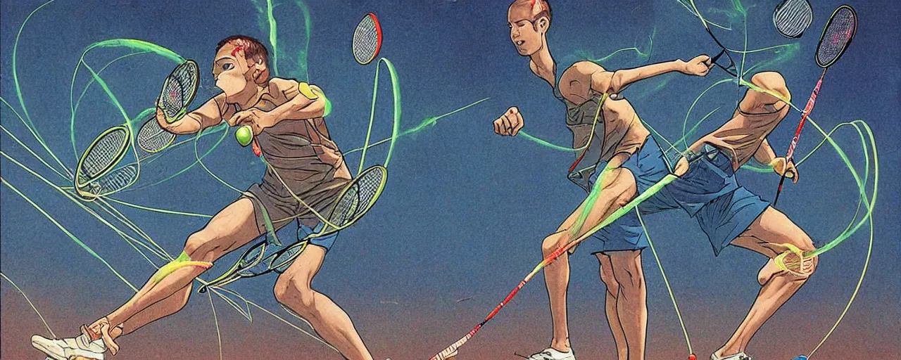 Prompt: inter-dimensional badminton: deadly sport of titans by Moebius