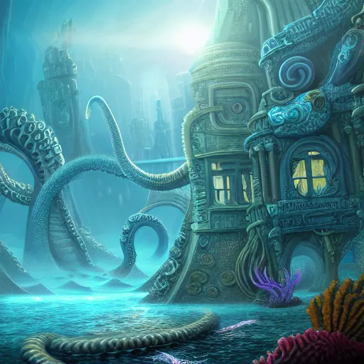 Image similar to beautiful digital fantasy illustration of an underwater city surrounded by tentacles, the forge of worlds, concept art by xul solar, two hands reaching for a fish, fractalism, high detail texture, unreal engine, 8 k, photographic quality, ultra hyper realistic quality, 8 k definiton, hyper - realistic, cinematic, cinematic lighting