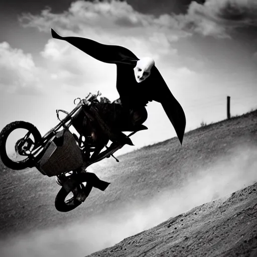 Prompt: nosferatu is riding a motocross, sport photography