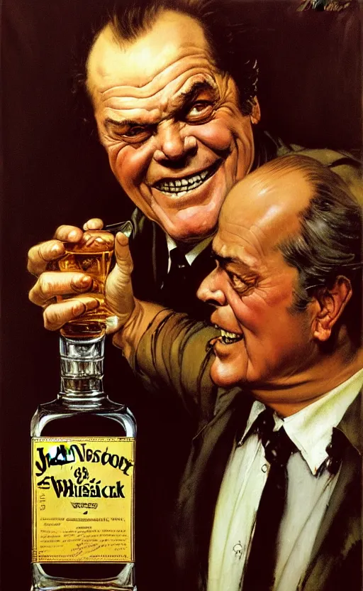 Prompt: illustration of a bottle of whiskey with jack nicholson inside, by norman rockwell, roberto ferri, daniel gerhartz, edd cartier, jack kirby, howard brown, ruan jia, tom lovell, jacob collins, dean cornwell