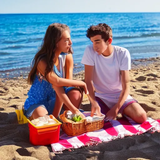 Image similar to a teenage girl and teenage boy having a picnic at the beach. Blue sky. Detailed faces, detailed body. Photo 4K.