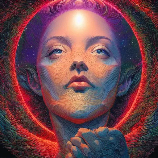 Prompt: beautiful portrait of gorgeous contentment and intelligence, spatial deformation in latent space, math art, astral plane, key light, by artgerm and dan mumford and gustave dore
