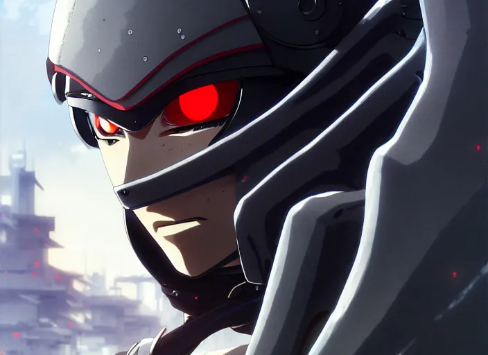 Image similar to a anime portrait of a cyborg ninja, finely detailed features, closeup at the face, sharp focus, perfect art, scenic background, cinematic lighting, intricate, anime, illustration, artstation, trending on pixiv fanbox, painted by greg rutkowski, studio ghibli, yoji shinkawa, hayao miyazaki,