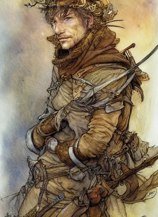 Prompt: portrait of a fox - faced ranger, human features, dnd, gwelf, highly detailed, perfect lighting, watercolor and ink illustration, muted colors. perfect composition, 4 k, by brian froud, larry macdougall, jean - baptiste monge, arthur rackham